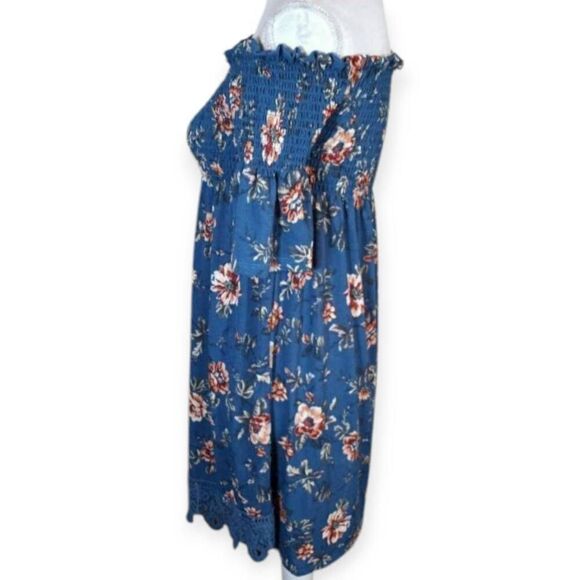 XHILARATION BLUE/GREEN FLORAL SMOCKED OFF-THE-SHOULDER DRESS SZ.S EUC. - Picture 5 of 9